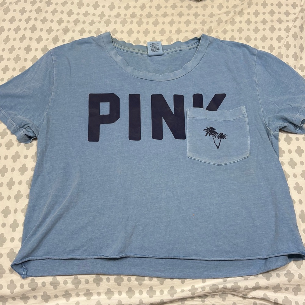 PINK Victoria's Secret Blue Tee with Palm Tree Pocket